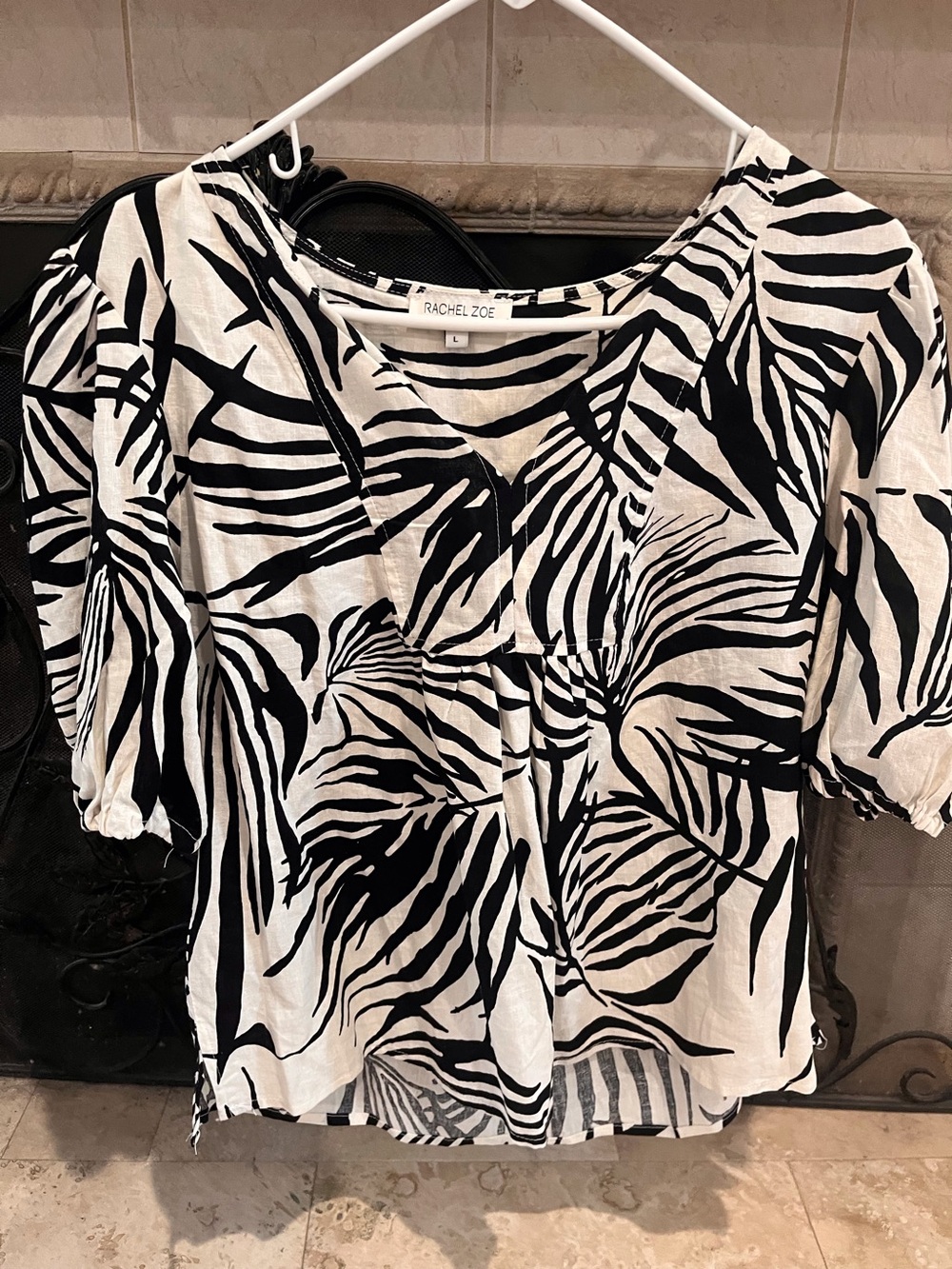 Women’s Rachel Zoe Black & White Palm-Print Puff Sleeve Top Size L